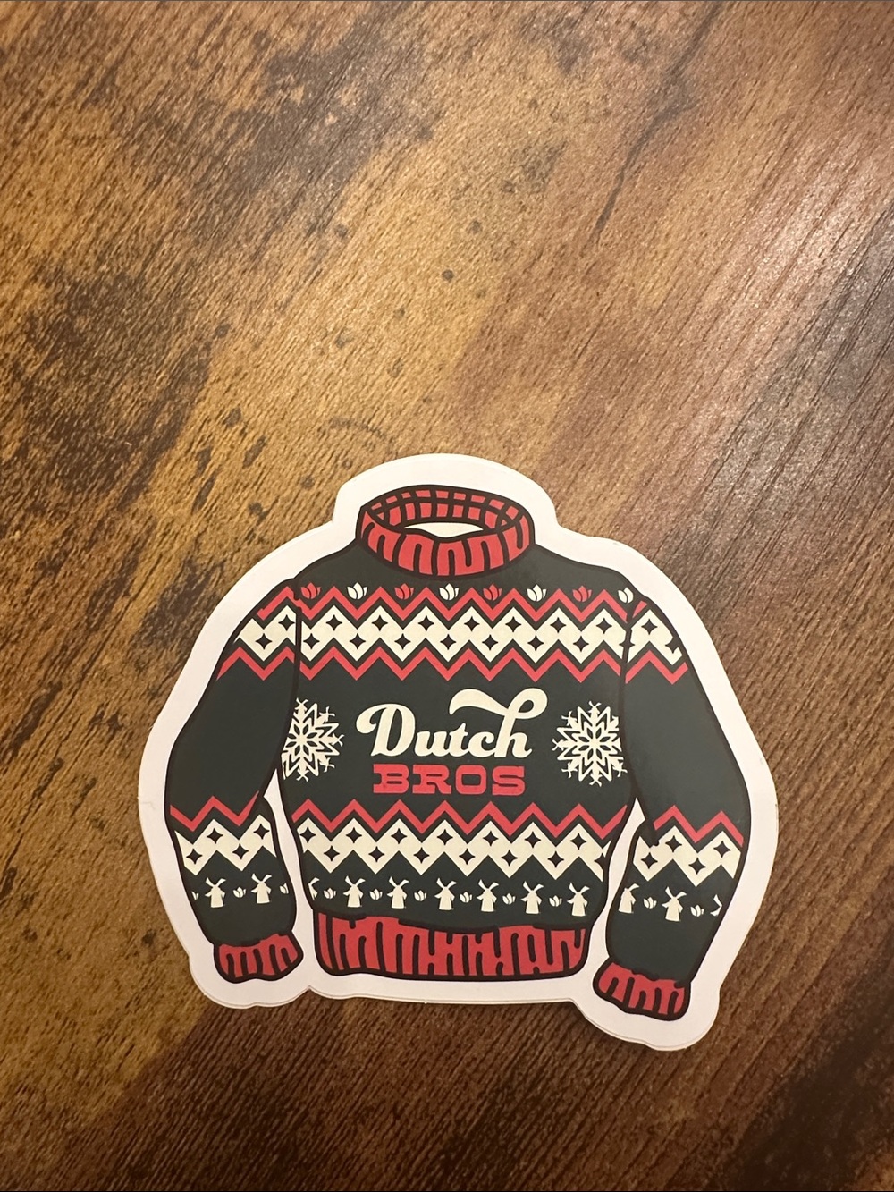 Dutch Bros Black, Red and White Fair Isle Crewneck Sweater Sticker Art